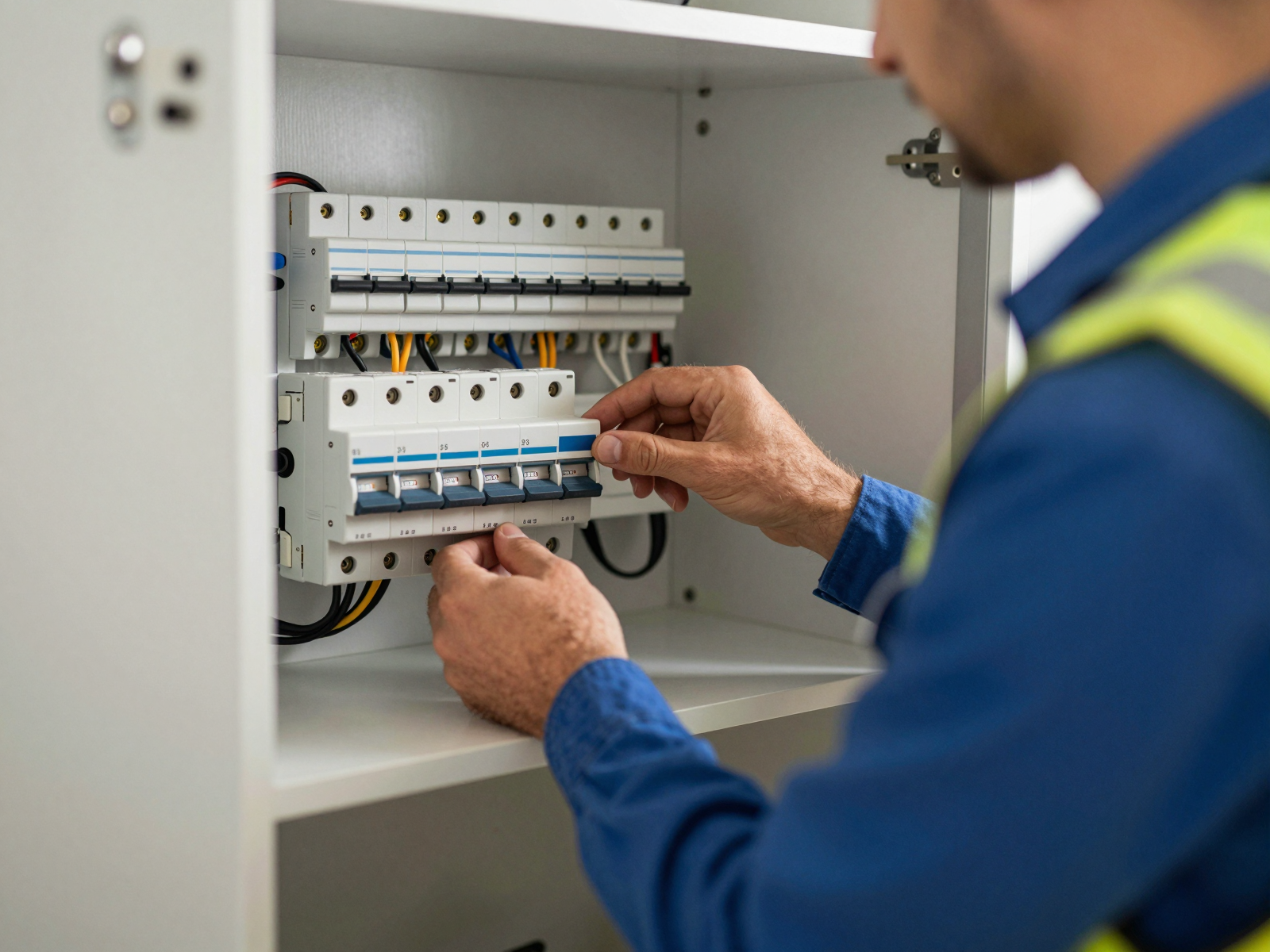 Electrician installing circuit breaker panel